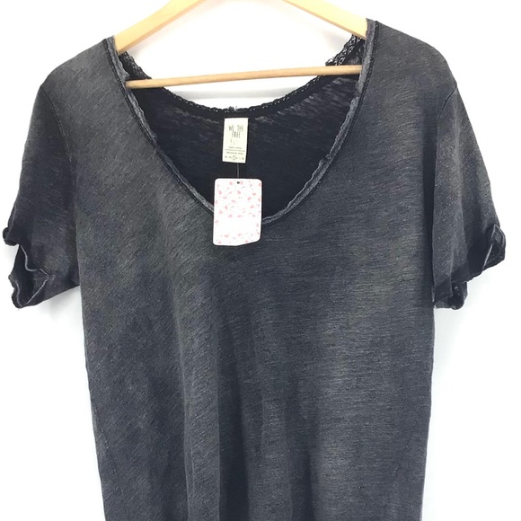 Free People Saturday Lace Trim Linen Blend Tee NWT - Picture 2 of 6